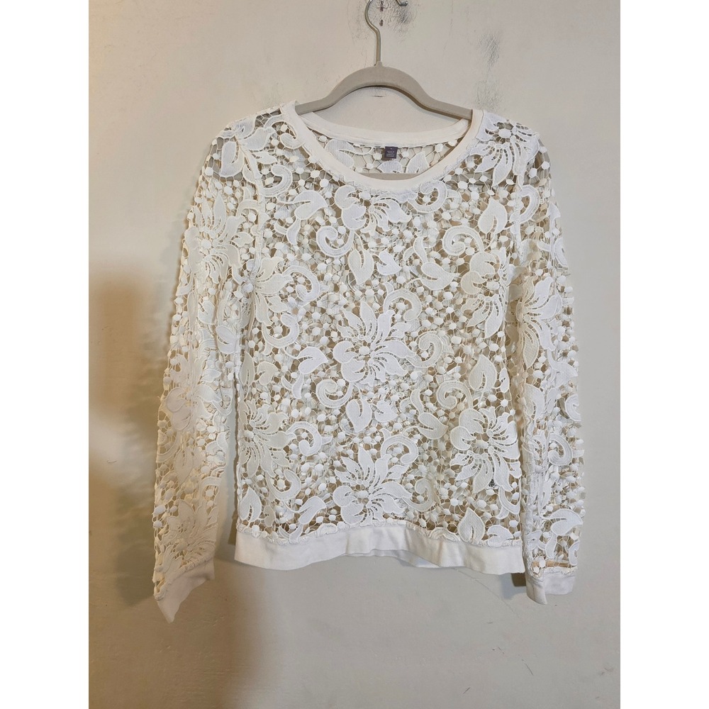 Chelsea 28 Nordstrom Ivory Floral Guipure Lace Top Long Sleeve M